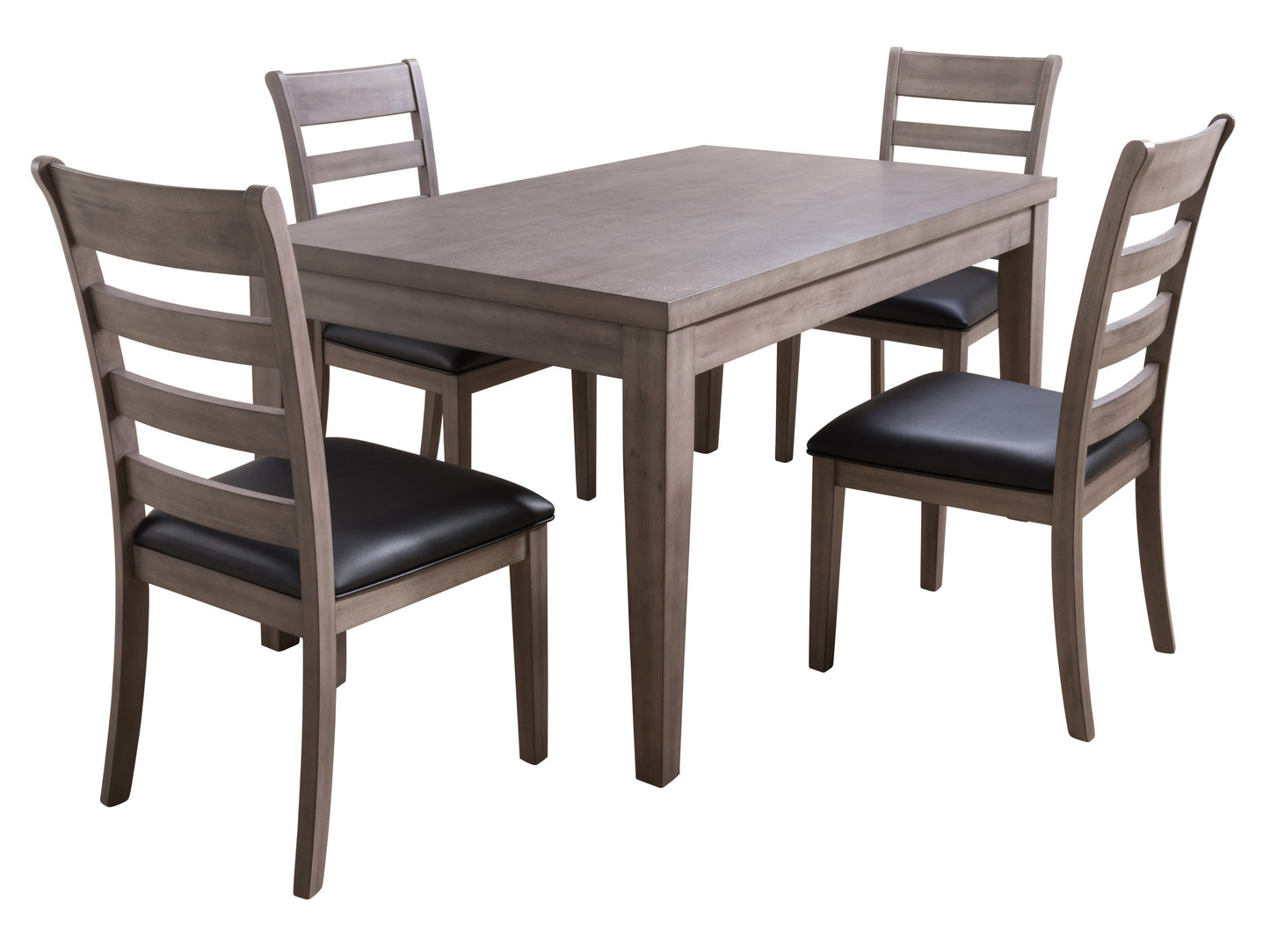 Modern 5-piece dining set with sleek black metal frames, featuring a rectangular glass table top and four cushioned chairs with beige fabric upholstery, ideal for contemporary dining spaces.