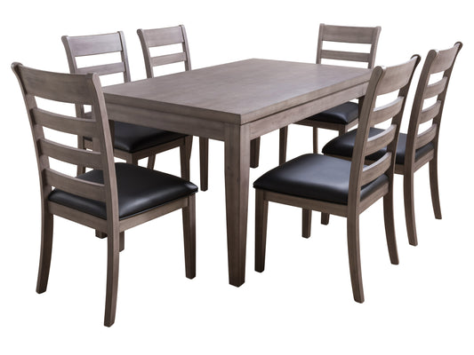 Elegant 7 piece wooden dining set with a rectangular table and six cushioned chairs in dark brown finish, featuring sleek lines and a modern design, perfect for contemporary dining rooms.