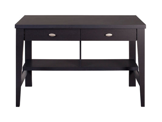 Dark wood desk with sleek design, featuring a smooth rectangular surface, sturdy metal legs, and a minimalist style. Ideal for home office or study, blending functionality and modern aesthetics.