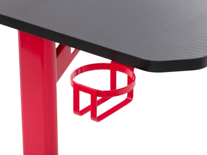 Red and black gaming desk with sleek design, RGB LED lights, carbon fiber texture, cup holder, headphone hook, and cable management grommets. Ideal for gamers seeking a stylish and functional setup.