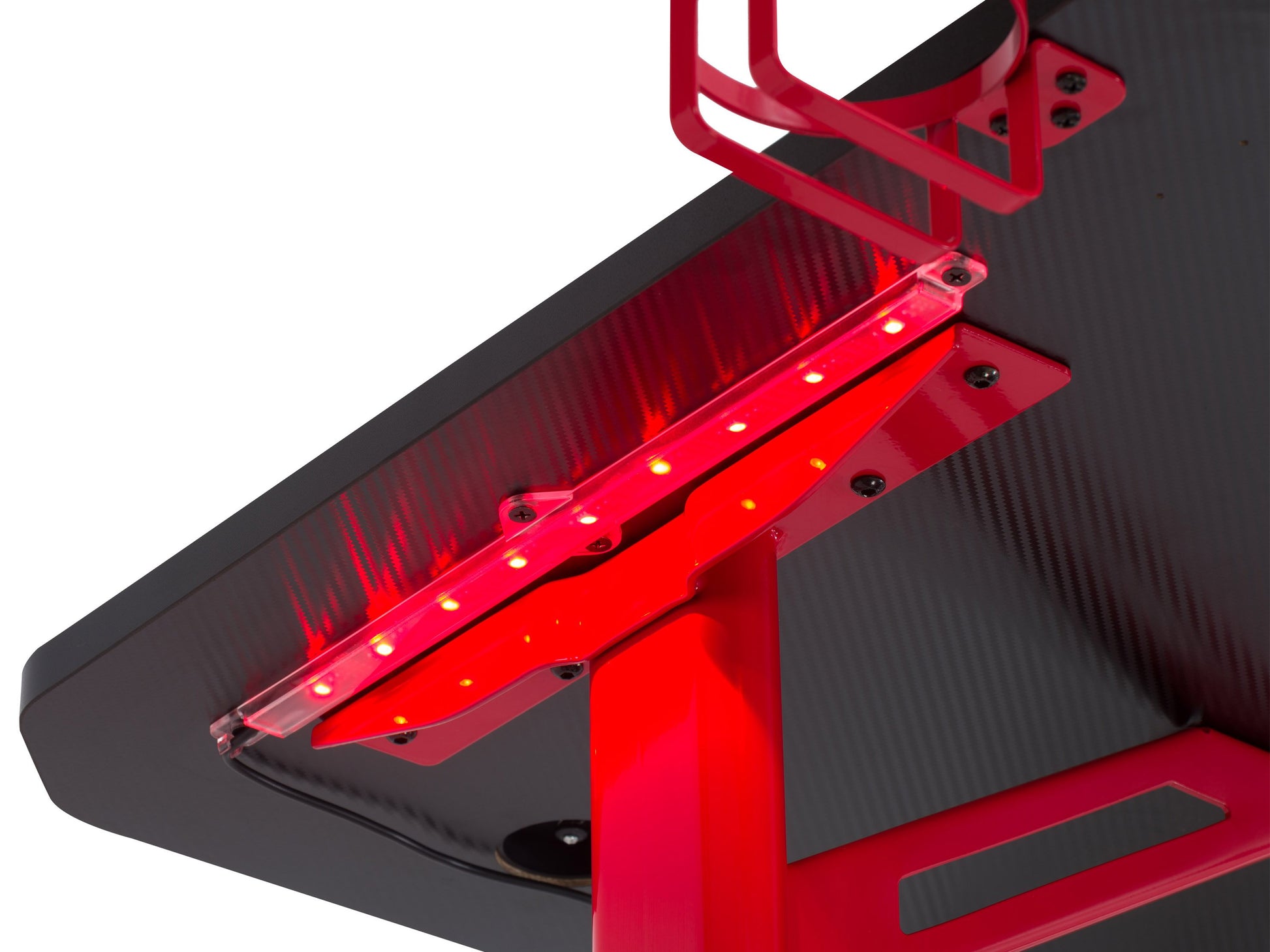 Red and black gaming desk with LED lights, featuring a sleek design, carbon fiber texture, sturdy metal frame, and cable management grommets. Ideal for gamers seeking style and functionality.