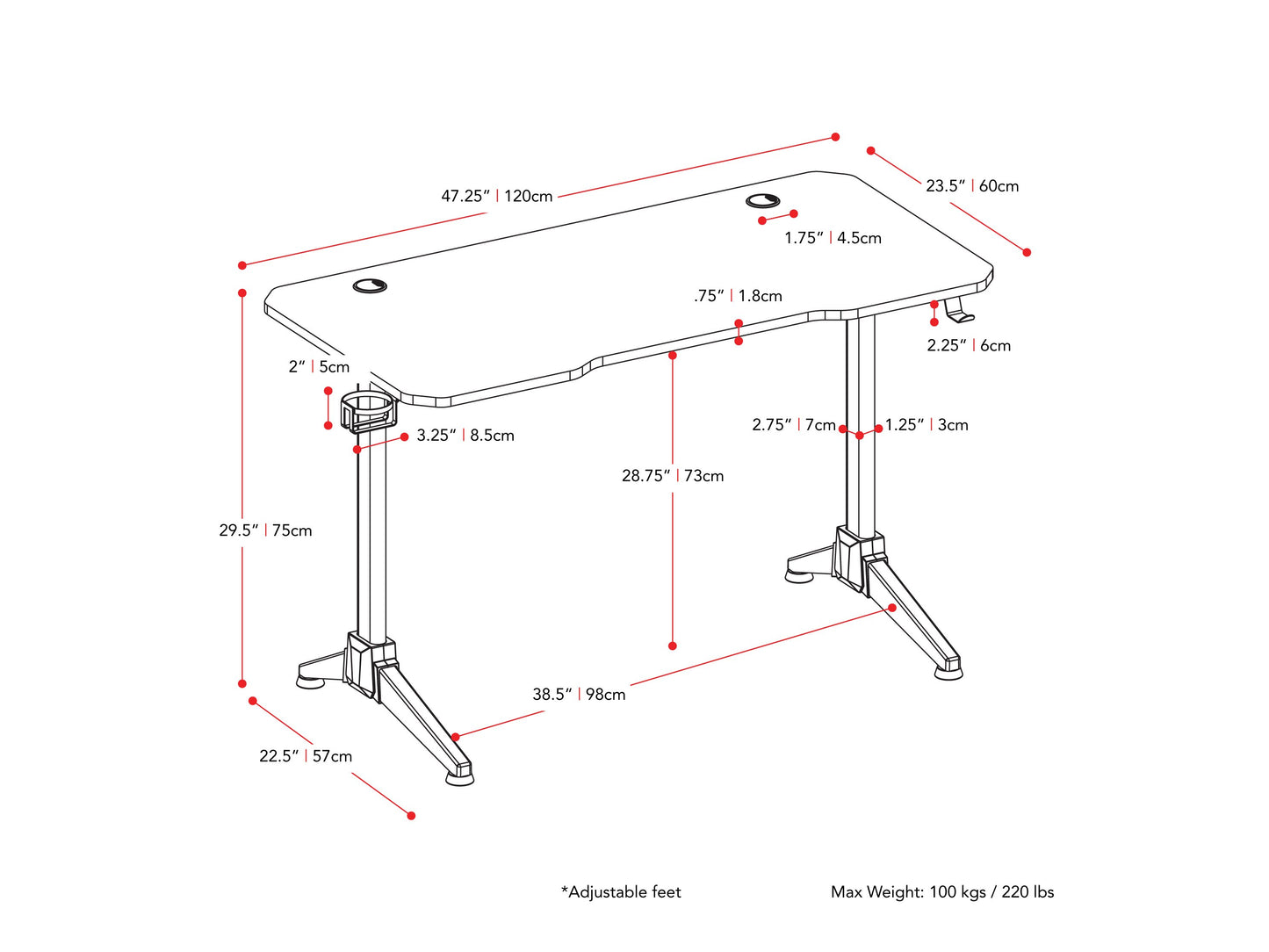 Red and black gaming desk with LED lights, sleek design, sturdy metal frame, carbon fiber textured surface, built-in cable management, and cup holder. Ideal for gamers seeking stylish and functional workspace.