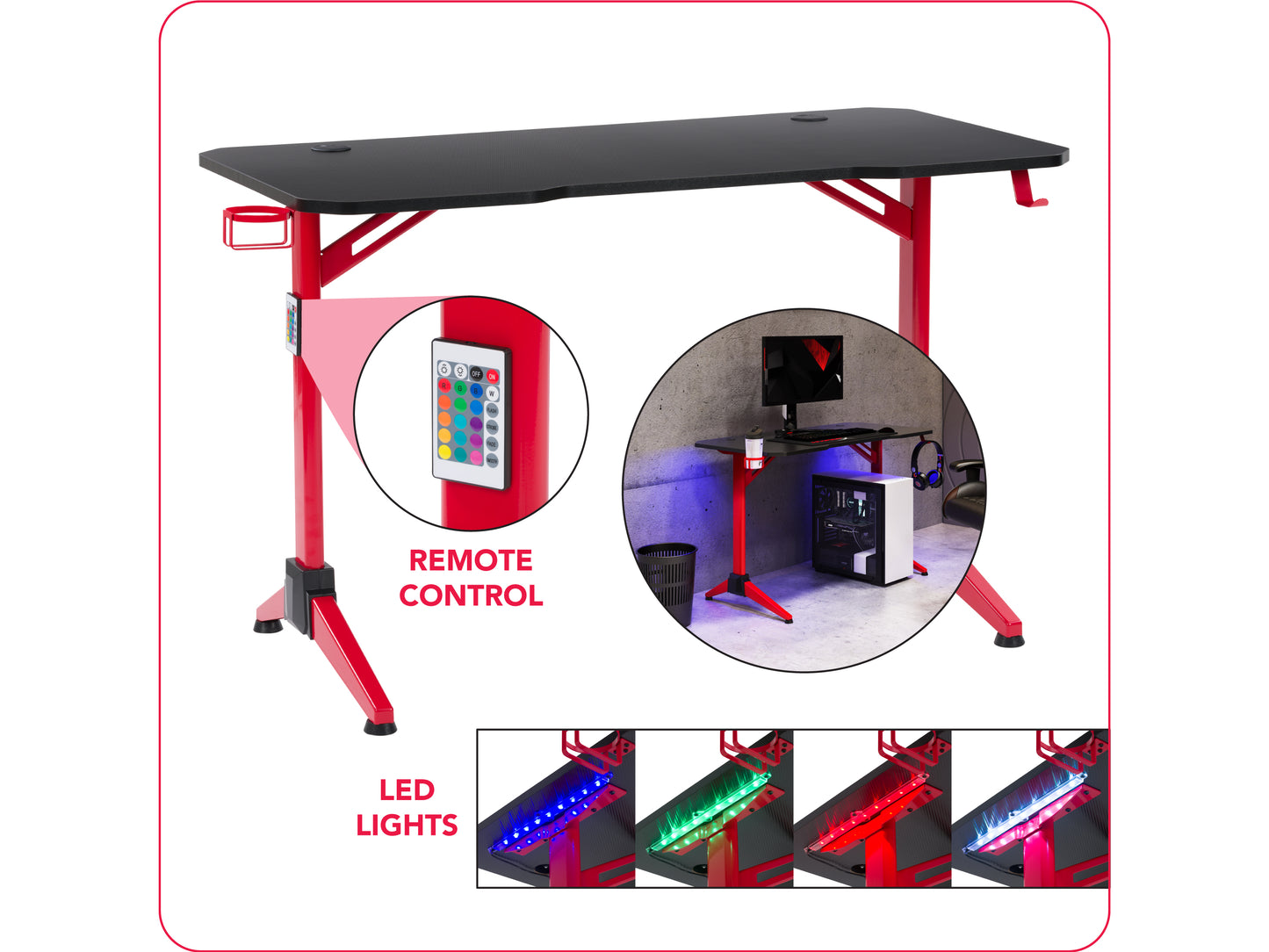 Red and black gaming desk with LED lights, sleek modern design, sturdy metal frame, carbon fiber texture, spacious surface, built-in cable management, headphone hook, and cup holder.