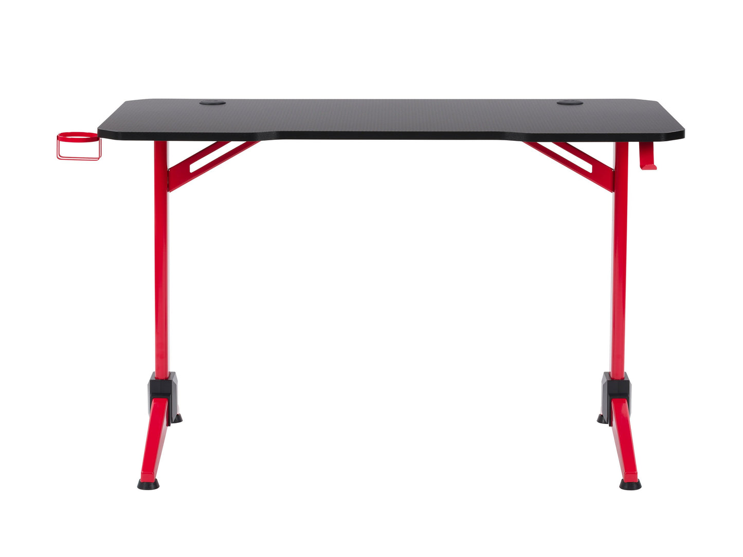 Red and black gaming desk with LED lights, sleek carbon fiber texture, sturdy metal frame, built-in cable management, and cup holder. Ideal for gamers seeking a stylish and functional workstation.