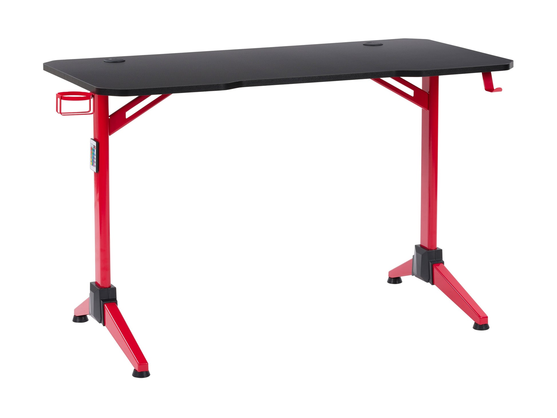 Red and black gaming desk with LED lights, featuring a sleek metal frame, carbon fiber textured surface, ergonomic design, and cable management system.