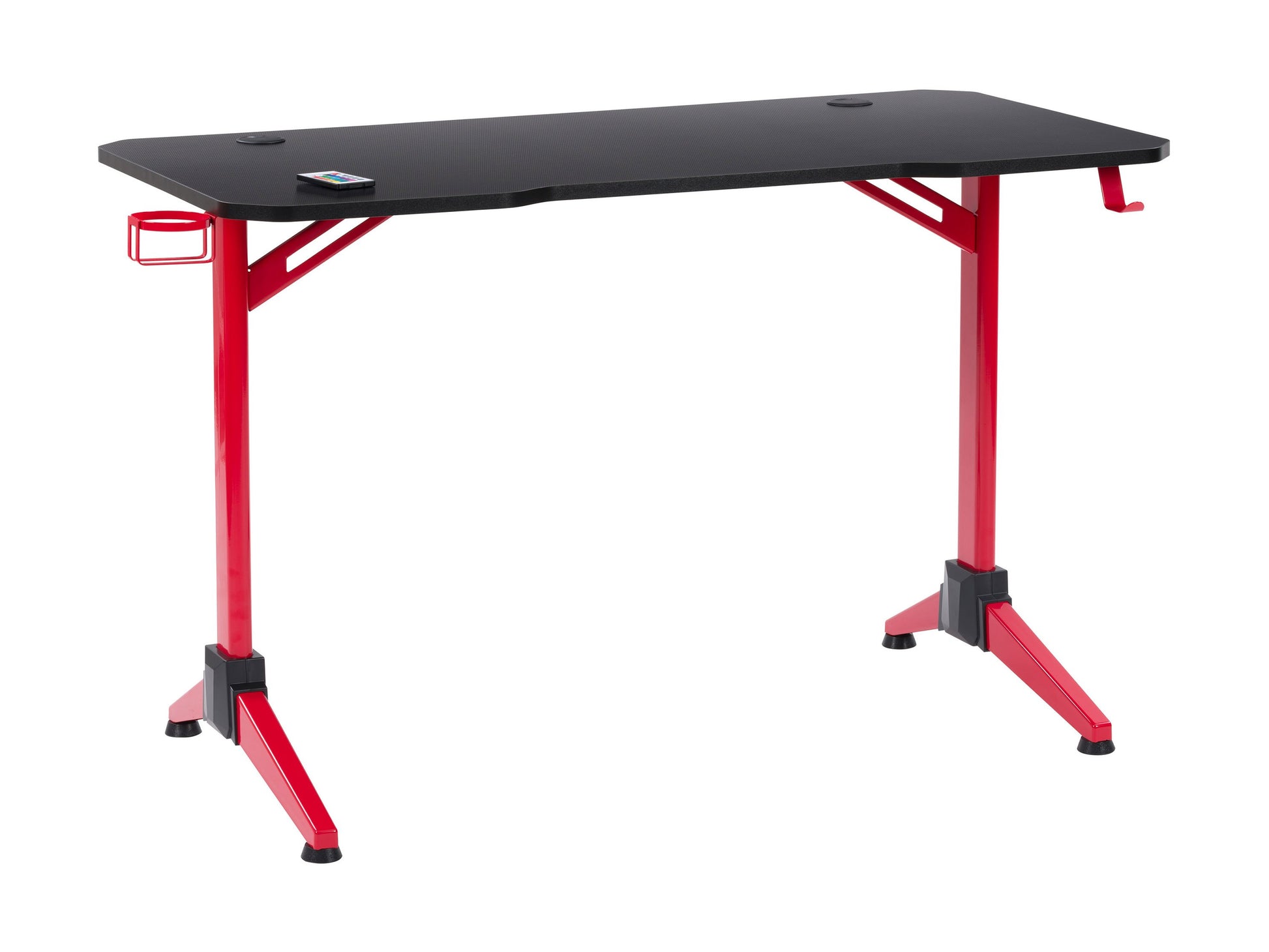 Red and black gaming desk with LED lights, sleek design, sturdy metal frame, smooth carbon fiber texture, spacious surface, built-in cable management, and headphone hook.