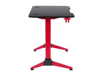 Red and black gaming desk with LED lights, sleek carbon fiber texture, cable management grommets, sturdy metal frame, and ergonomic design for optimal gaming experience.