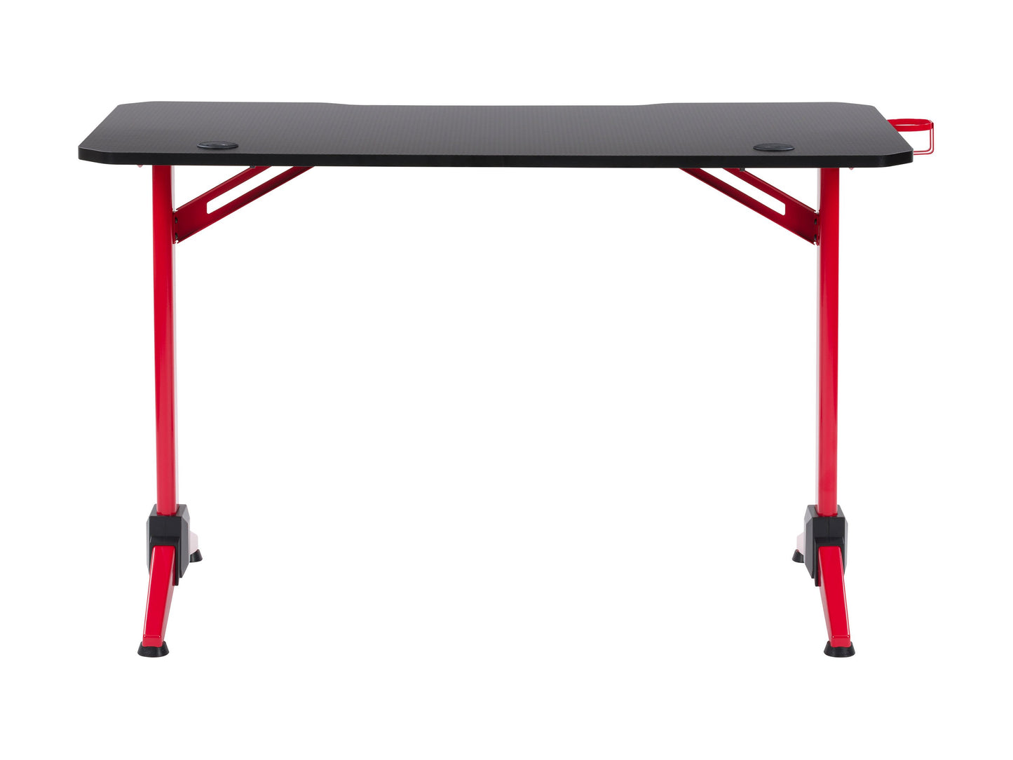 Red and black gaming desk with LED lights, featuring a sleek carbon fiber texture, spacious tabletop, ergonomic design, built-in cable management, and sturdy metal frame.