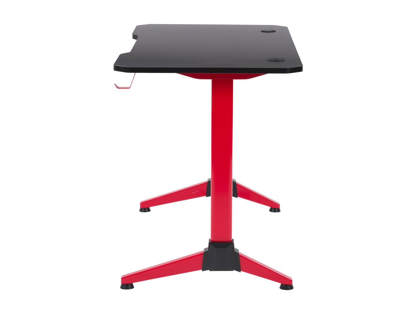 Red and black gaming desk with LED lights, featuring sleek lines, durable metal frame, ergonomic design, built-in cable management, and spacious surface for monitors, keyboards, and gaming accessories.